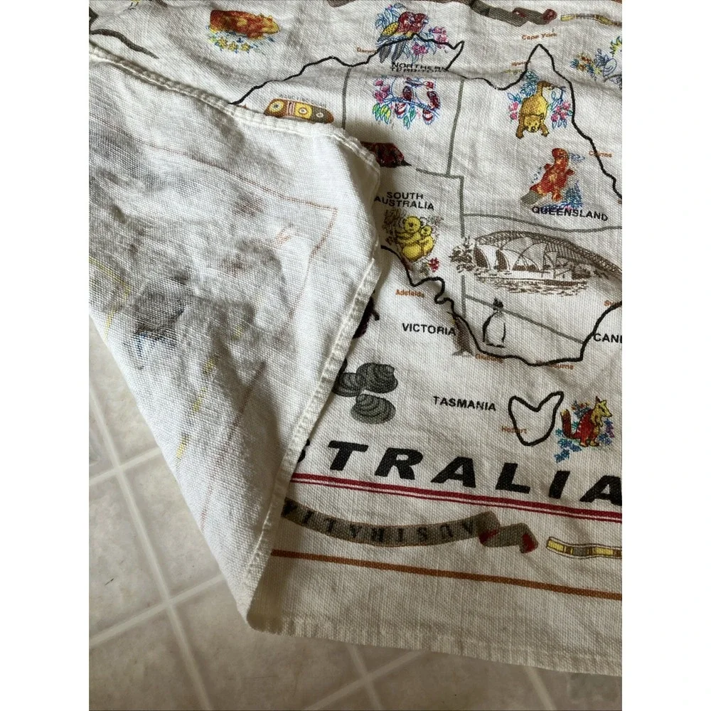 Australia Animals Flowers Map Souvenir Tea Towel Pure Linen 17.5 X 28.5 White